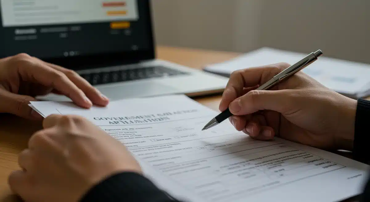 Hands filling out housing assistance application form, symbolizing the application process.
