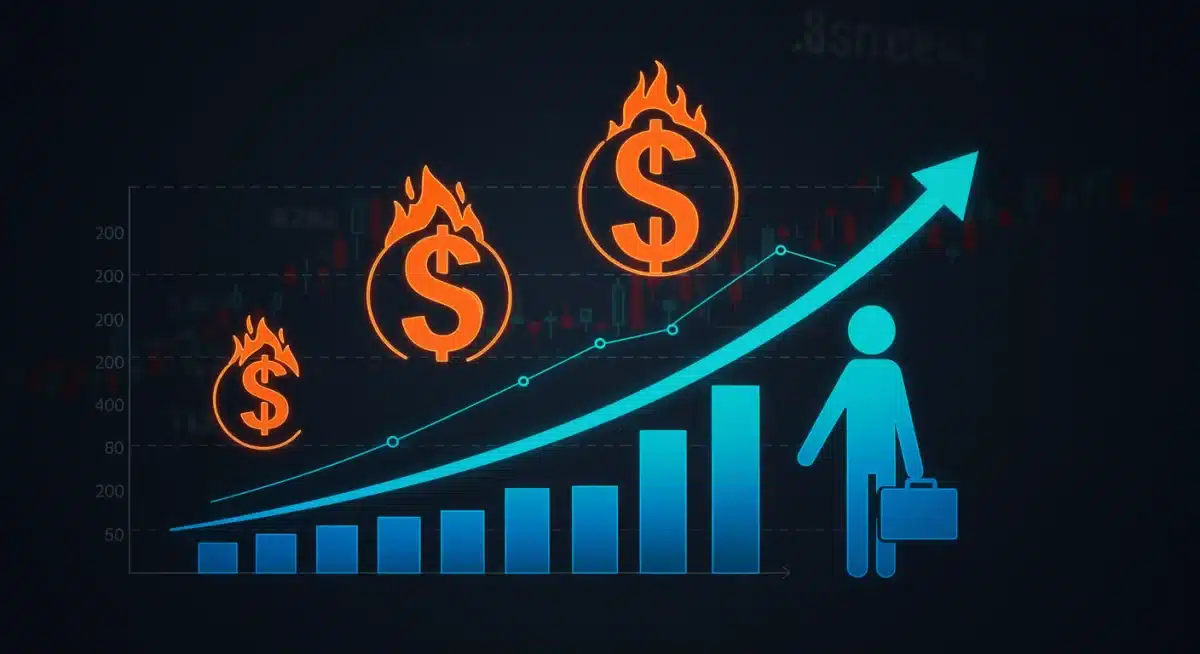 Graph showing rising interest rates, inflation, and employment symbols