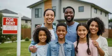 Family smiling in front of a new home, representing housing assistance and stability.