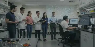 Graduate students collaborating on STEM research in a modern lab