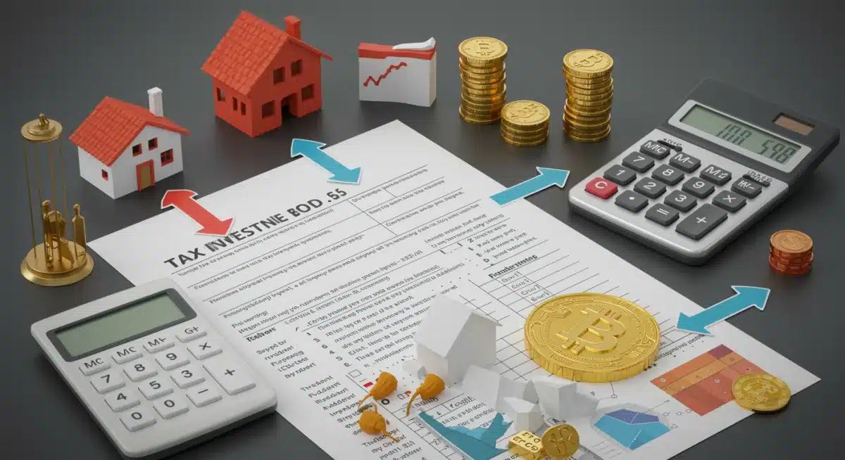 Diverse investment assets leading to a tax form, illustrating how tax changes affect different investment types.