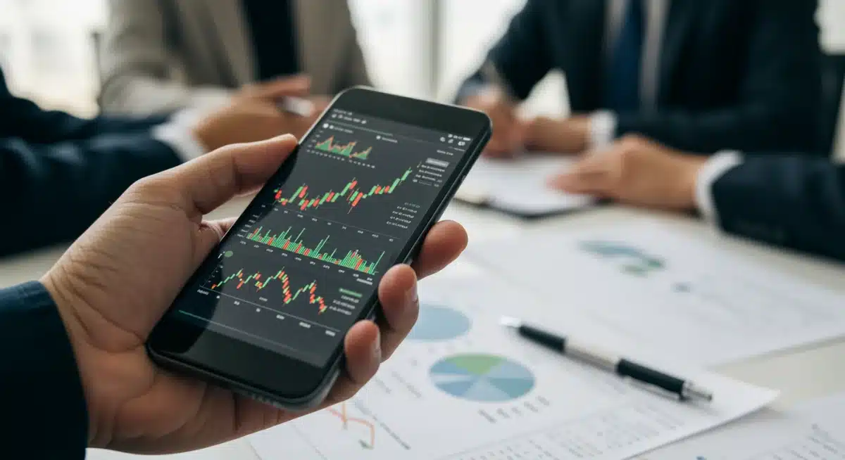 Hand holding smartphone with stock app, financial professionals in background, symbolizing direct investor impact.