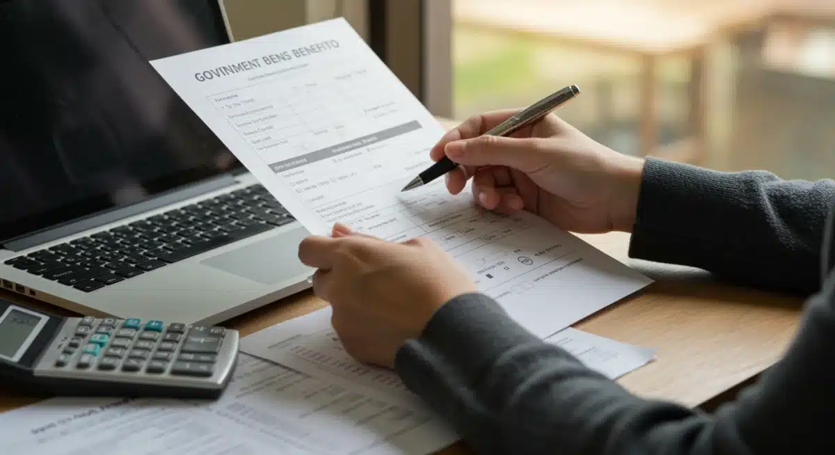 Person reviewing financial documents for benefits application