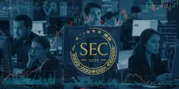 Dynamic digital charts and graphs with SEC logo, depicting market regulation and investor impact in 2025.