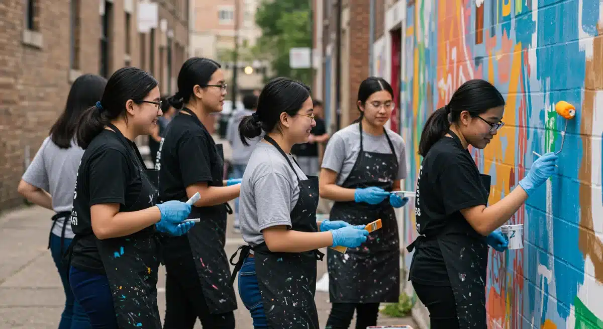High school students engaged in a community service project painting a mural