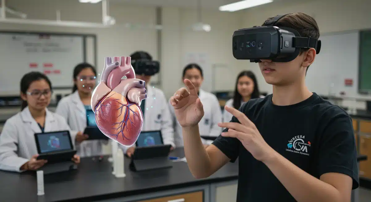 Student using augmented reality to study human anatomy in a science lab.