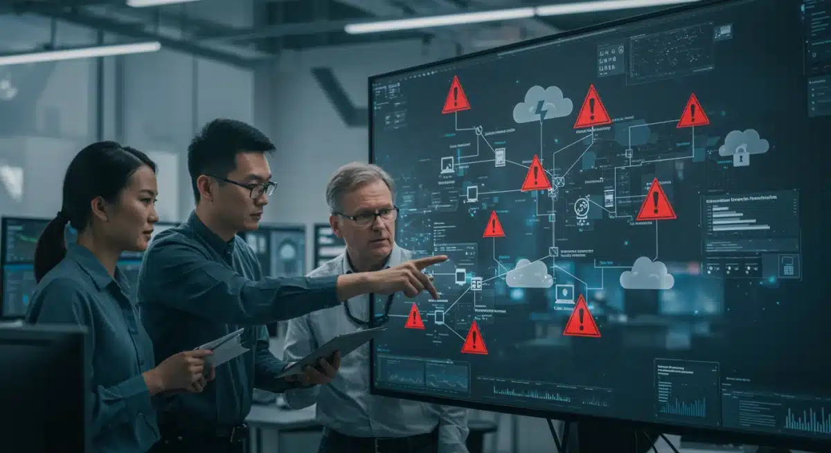 Complex network diagram with cyberattack points and security team collaboration