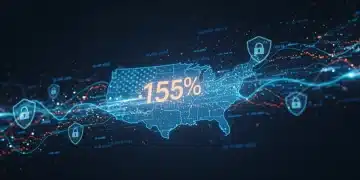 Digital security shield protecting data streams over US map, 15 percent increase