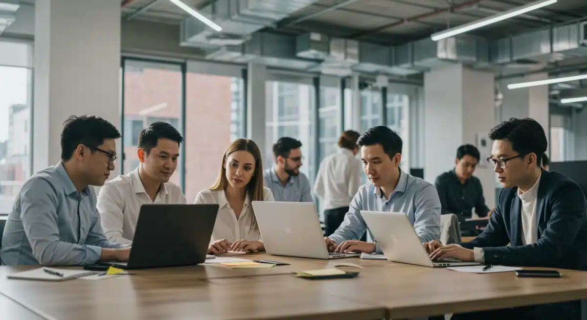 Diverse professionals collaborating in modern office, strong job market