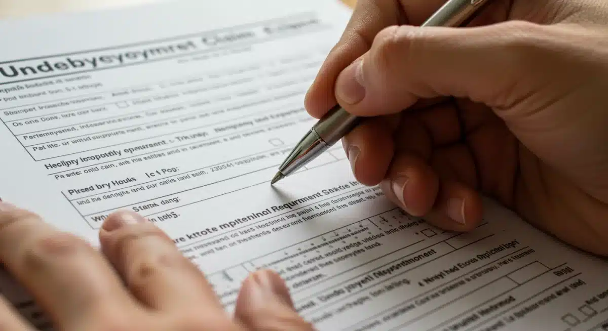 Hands filling out unemployment claim form details