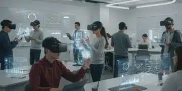 Students engaging with advanced educational technologies in a futuristic classroom setting.