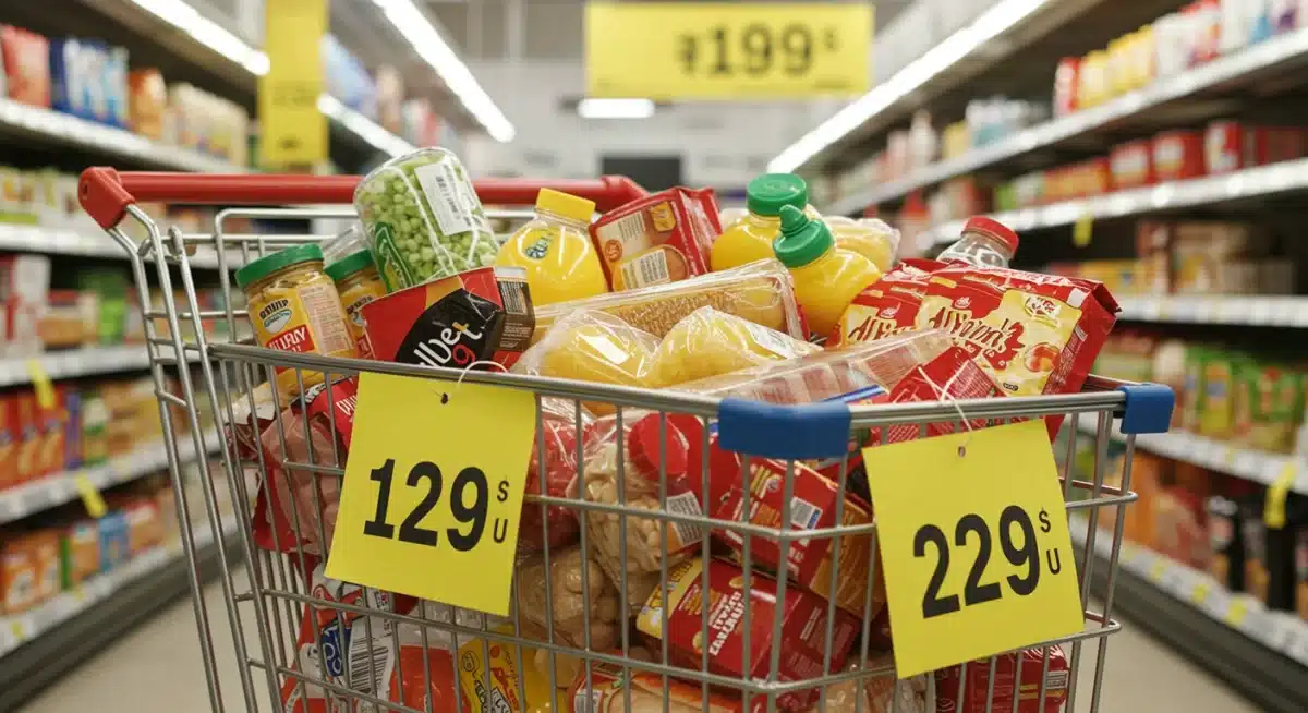 Grocery cart with expensive food items, showing inflation's effect on consumers