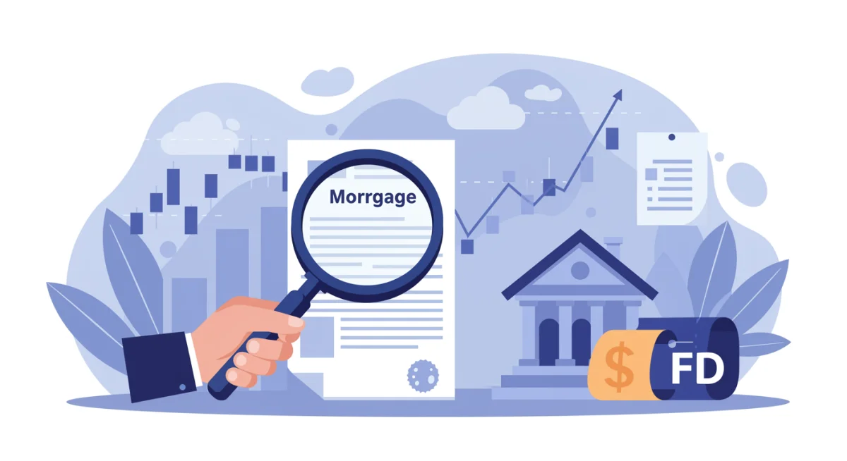 Person analyzing mortgage documents with Federal Reserve economic trends in background