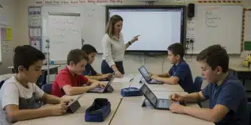 Students learning with new K-12 curriculum standards in a modern classroom