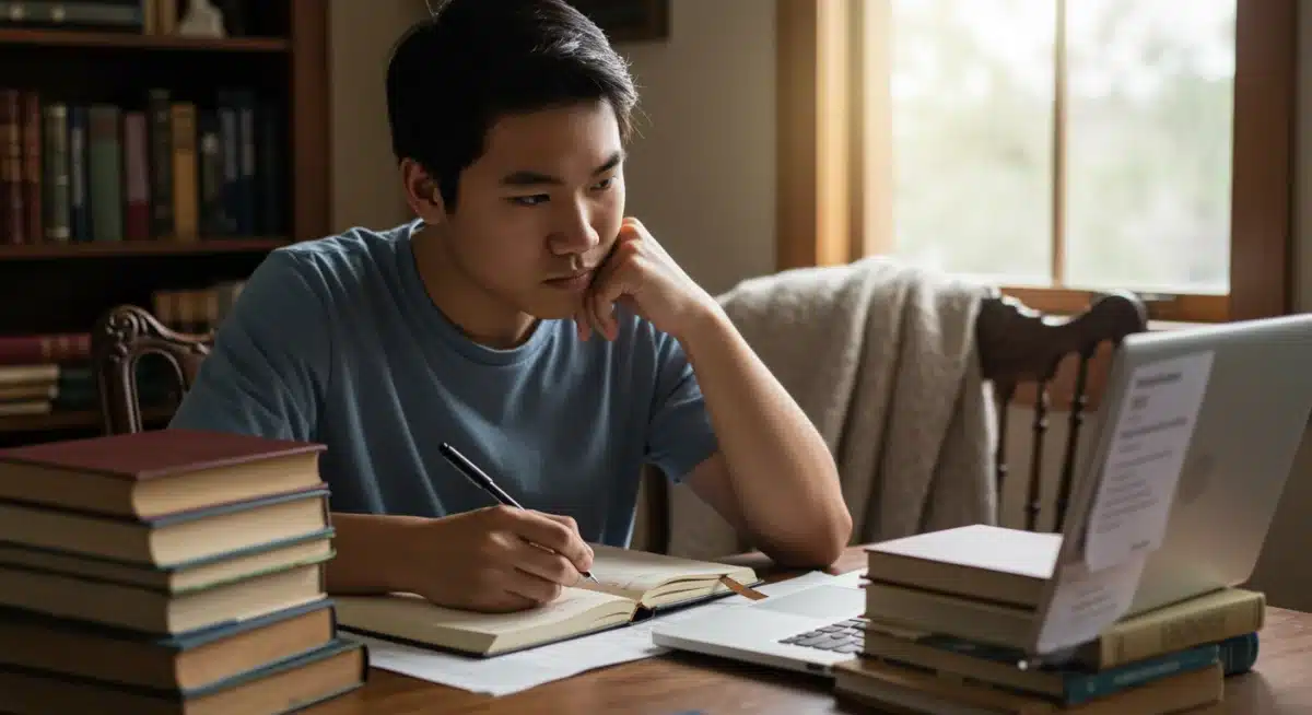 Student writing a college application essay, focusing on personal narrative.