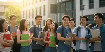 Diverse college students discussing financial aid on campus