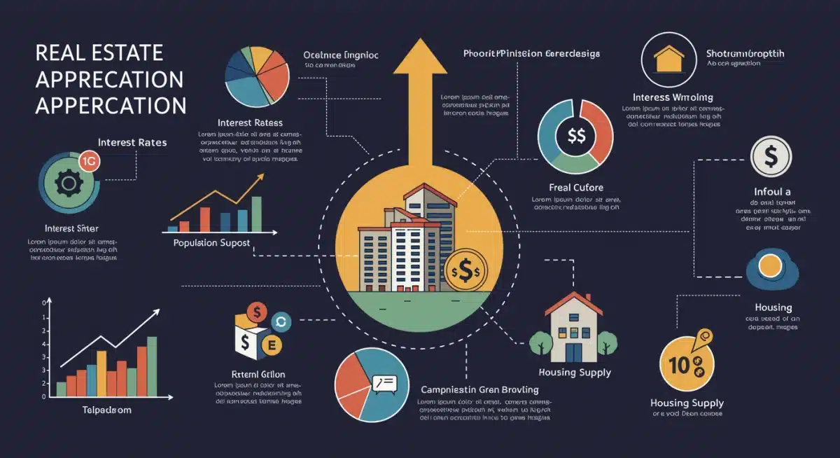 Infographic illustrating factors influencing real estate appreciation: interest rates, inflation, population, housing supply.
