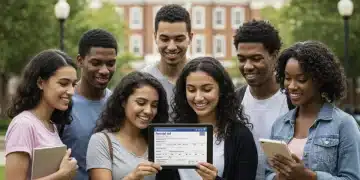 Families smiling, looking at FAFSA financial aid forms on a tablet with college in background