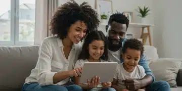 Happy family reviewing financial documents on a tablet, symbolizing understanding of child tax credit benefits