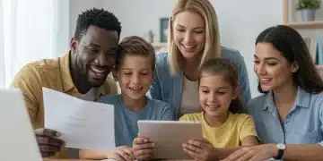 Family reviewing federal benefit documents on a tablet, looking happy and secure.