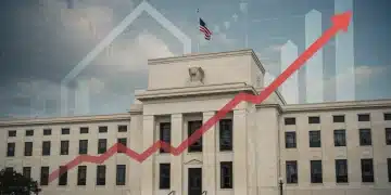 Federal Reserve building with rising interest rate graph and inflation symbols