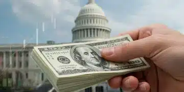 Hand holding dollar bills with economic growth graph and Capitol building in background