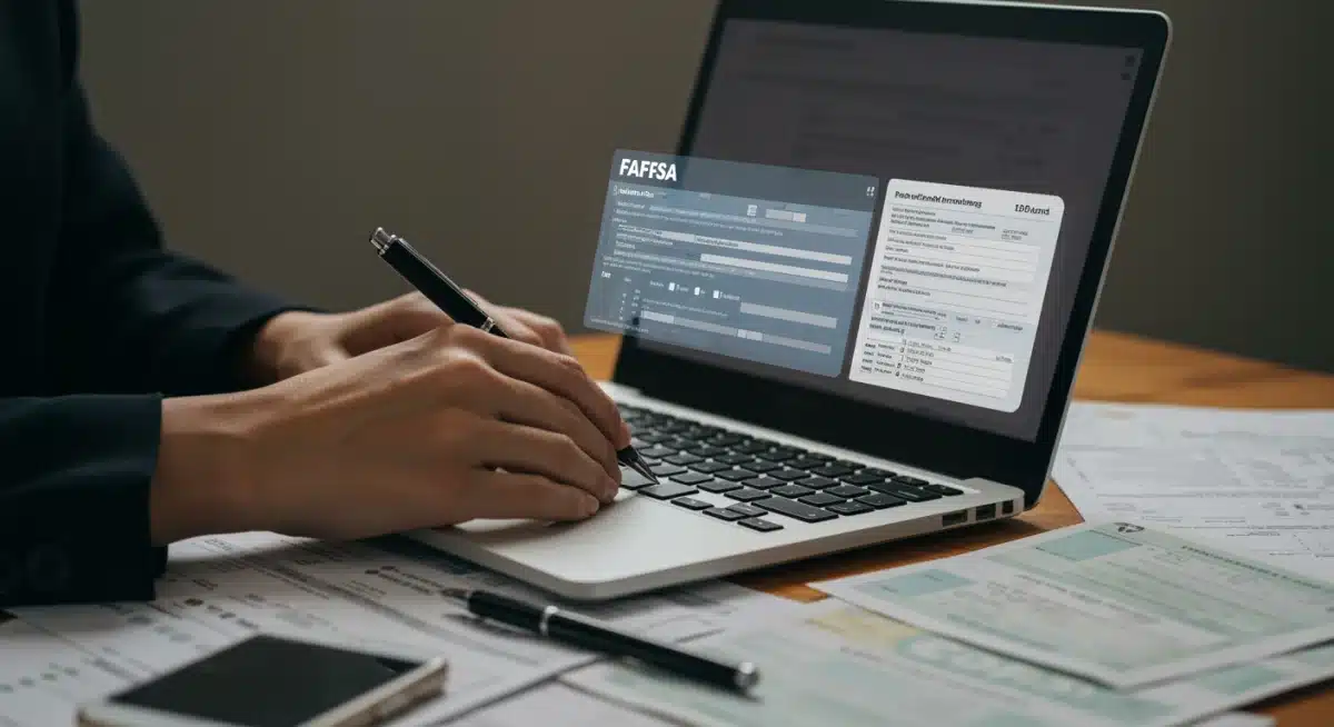 Hand filling out FAFSA form on laptop with financial documents