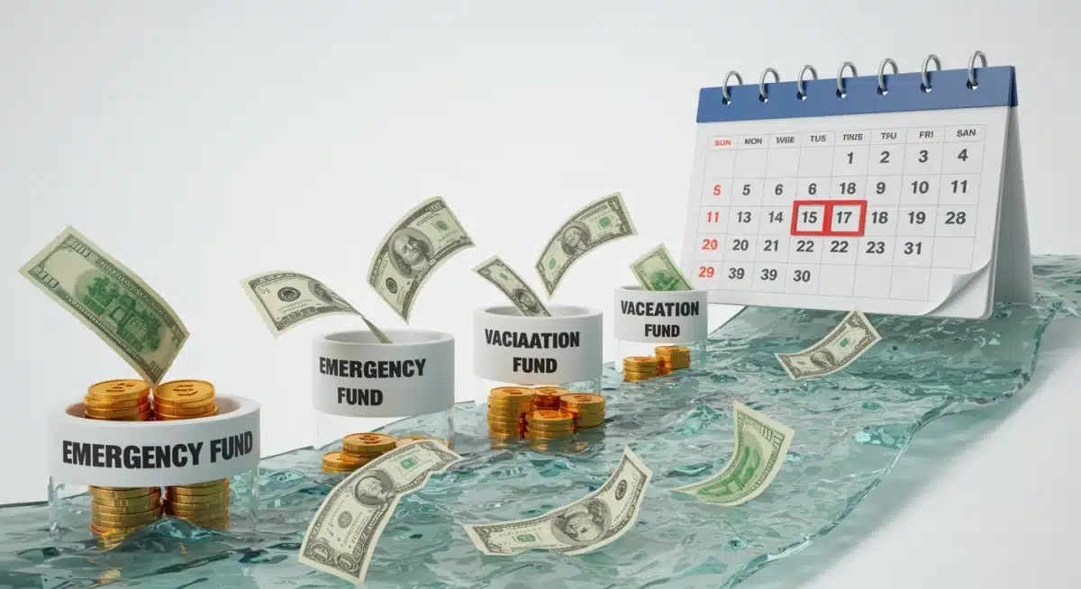 Money flowing into emergency savings account with 6-month target