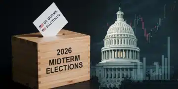 Stylized ballot box for 2026 midterms with economic charts and U.S. Capitol