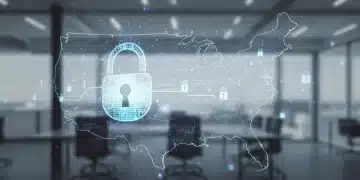 Digital padlock over US map, symbolizing cybersecurity threats to businesses by 2026.