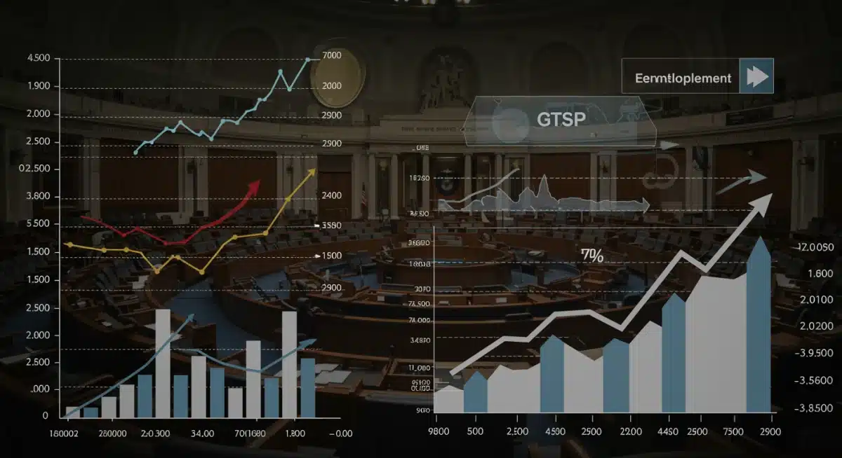 Economic indicators with future projections and congressional hearing backdrop