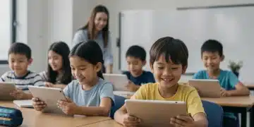 Diverse students engaged with technology in a modern U.S. classroom, symbolizing equitable access to digital learning tools.