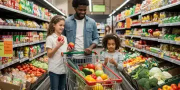 Family happily grocery shopping with full cart after SNAP WIC updates