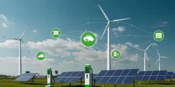 Modern green energy infrastructure with wind turbines, solar panels, and electric vehicles, representing the $150 billion investment.