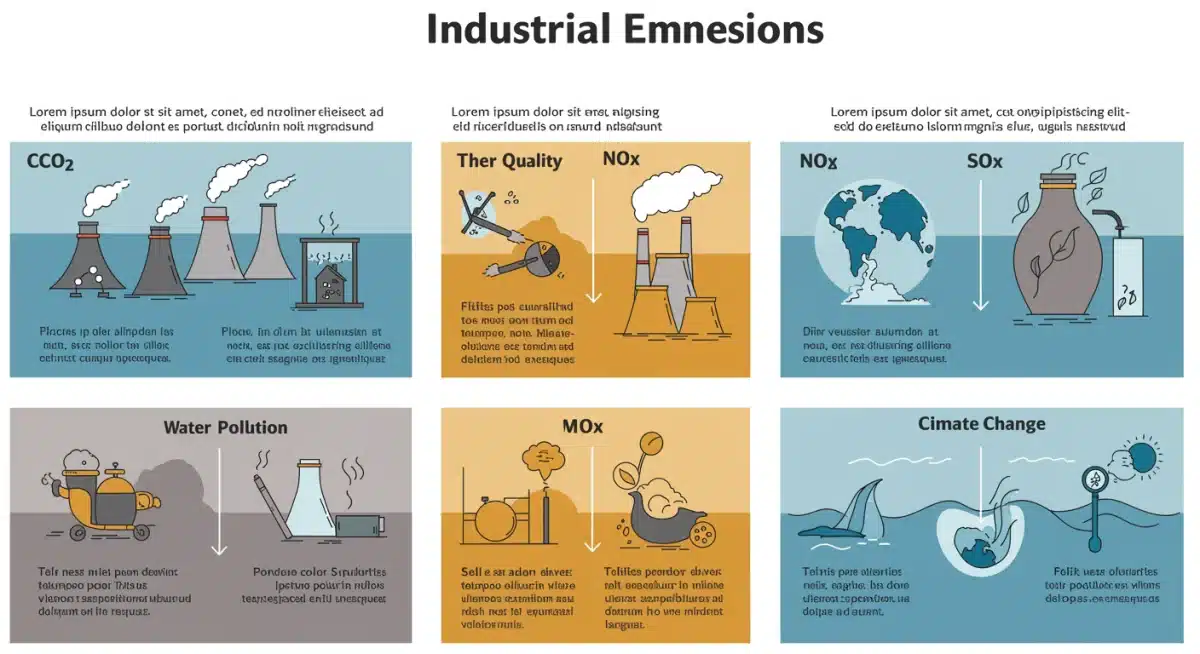 Infographic detailing industrial emission types and environmental impacts