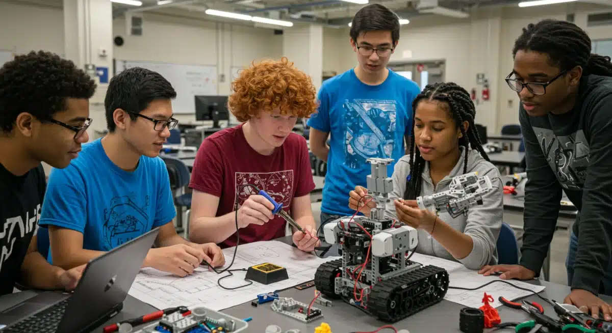 High school students collaborating on a robotics project