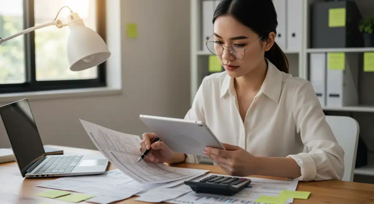 Person tracking monthly expenses on a tablet
