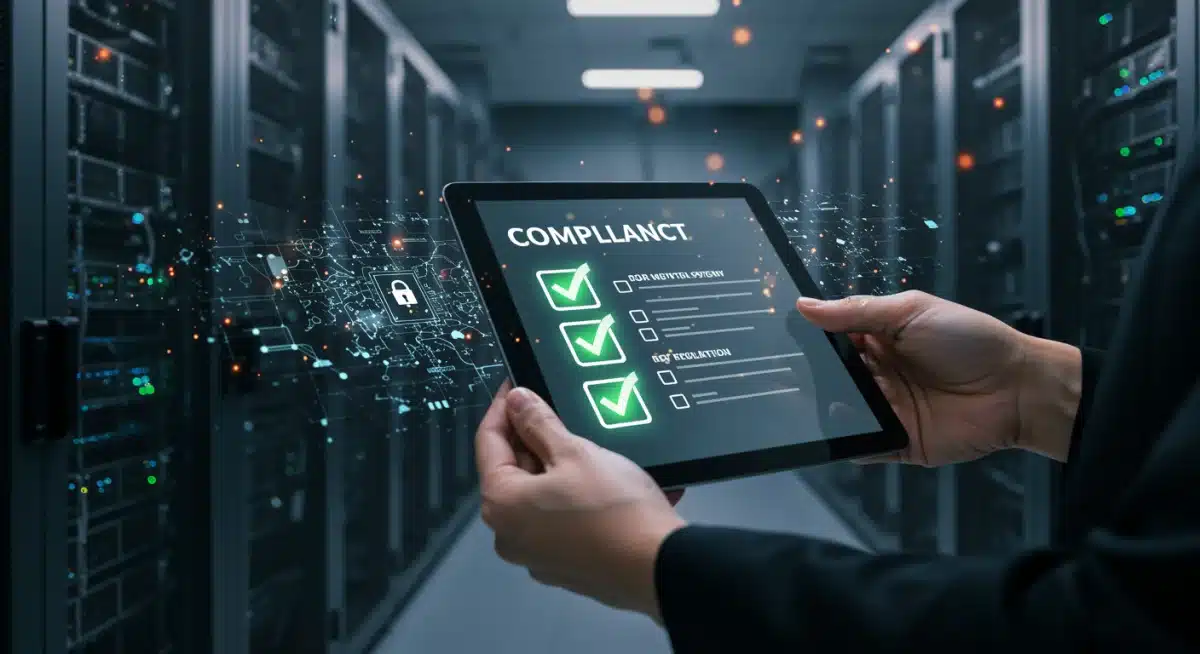 AI compliance checklist on a tablet with secure data center in background.