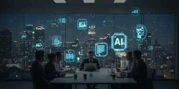 Professionals discussing AI legislation with holographic projections in a futuristic setting.