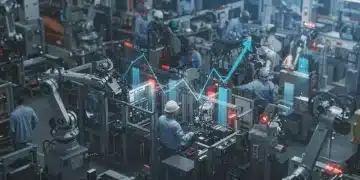 American factory floor with advanced robotics, symbolizing boosted domestic production and economic growth in 2026.