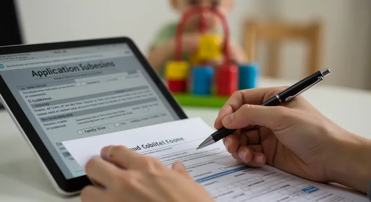 Hand filling out a federal child care subsidy application form, verifying income and family details.