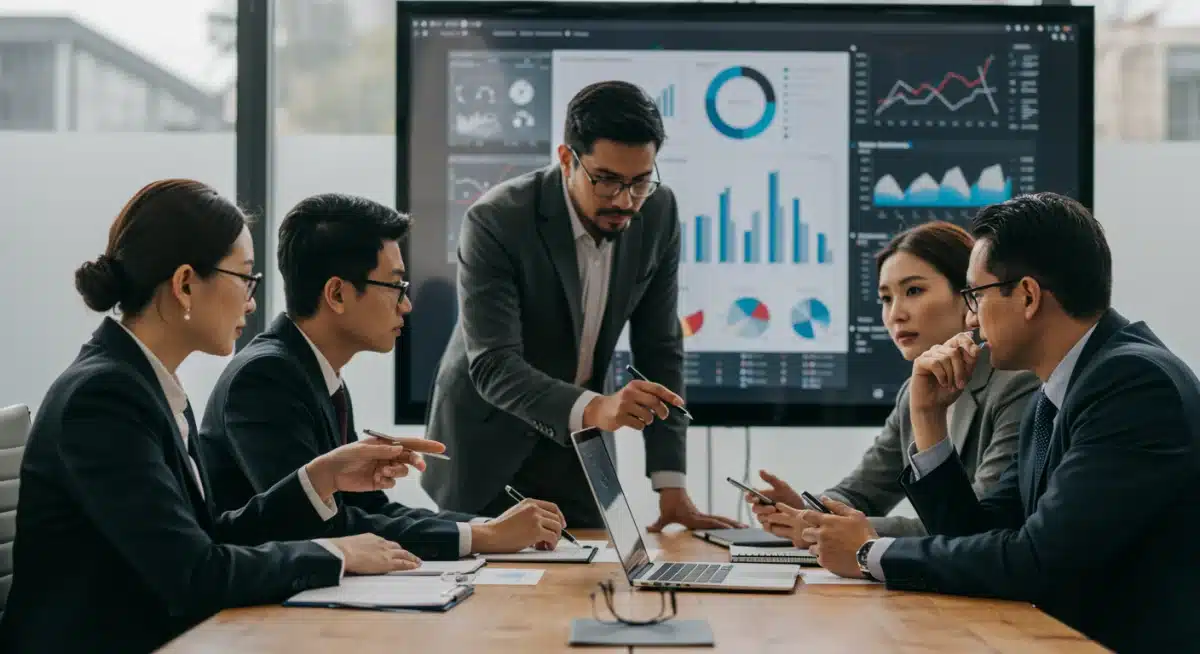 Financial analysts discussing market trends and economic data in a modern office