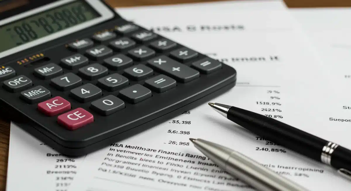 Calculator and documents showing financial planning for HSA investments.