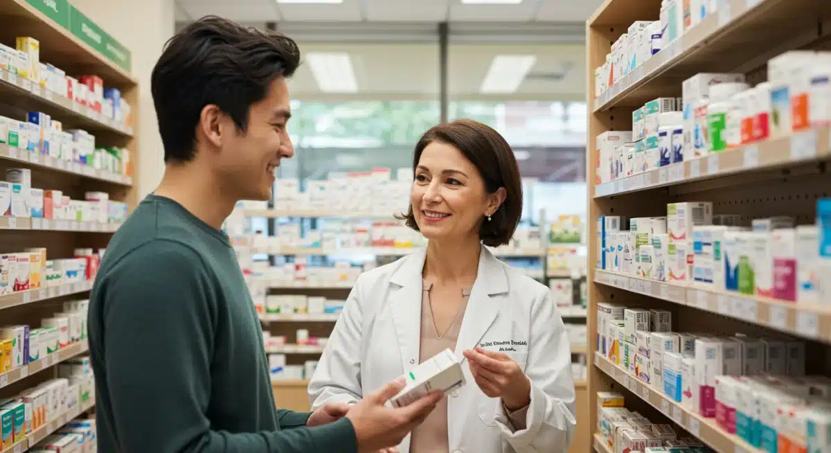 Pharmacist and patient discussing affordable medication options in a modern pharmacy.