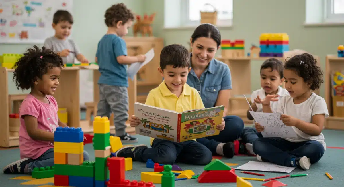 Children engaged in various educational and play activities in a high-quality child care setting.