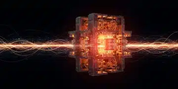 Futuristic quantum processor with glowing qubits for national security data