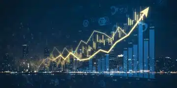 Dynamic stock market graphs with upward trends and futuristic city backdrop