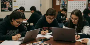Students writing college essays for 2026 admissions, focused and determined.