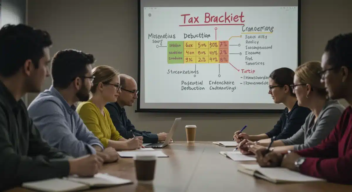 Group attending a financial planning seminar, learning about tax brackets and deduction strategies.
