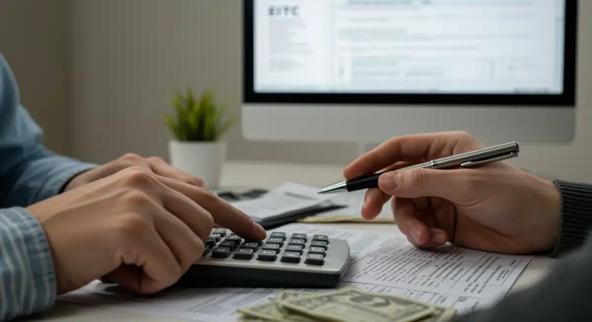 Hands calculating tax credits with forms and computer, focusing on EITC eligibility.